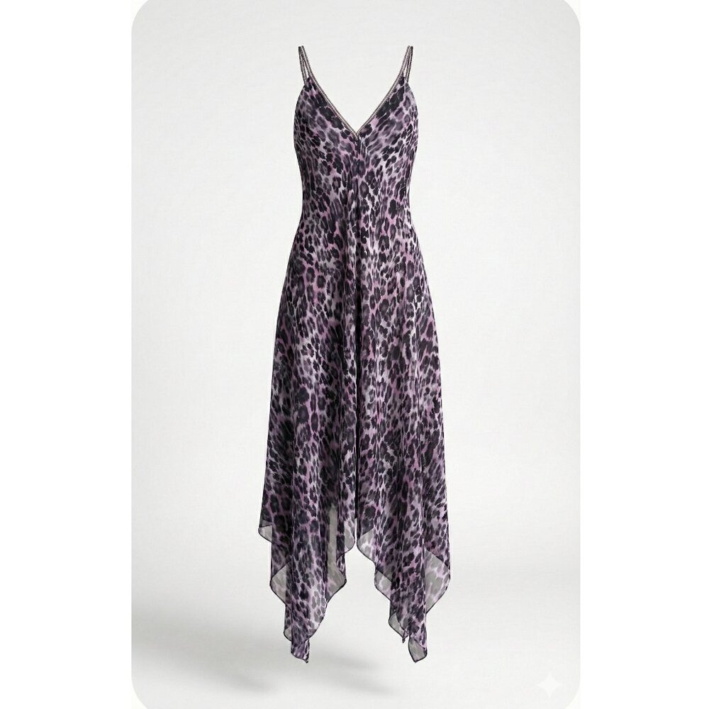 Ramy Brook Purple Leopard Print V-Neck Handkerchief Hem Maxi Dress
